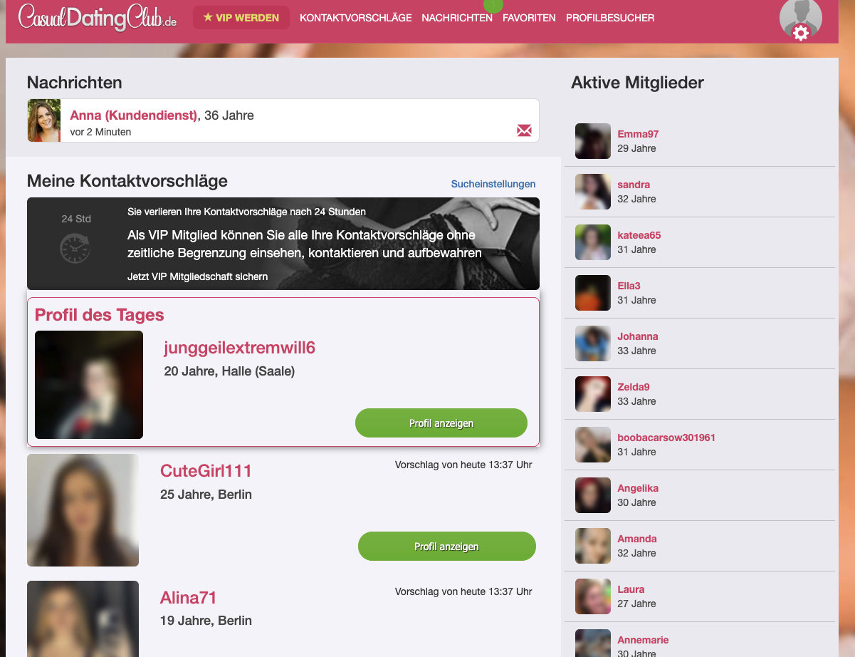 CasualDatingClub Dashboard &ndash; Kontaktvorschl&auml;ge und aktive Mitglieder