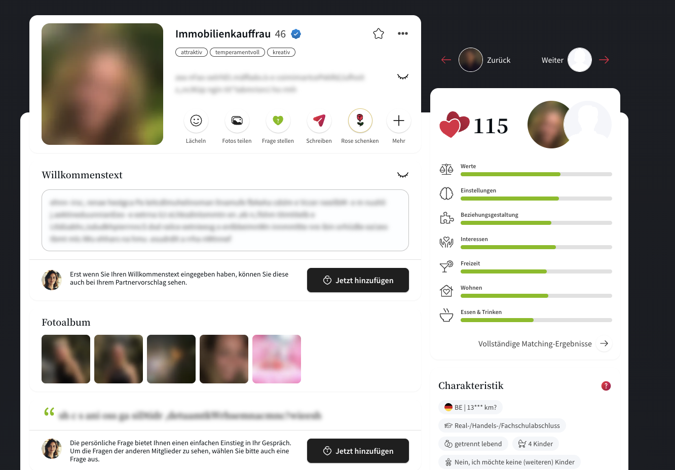 LemonSwan Profilansicht – Matching-Kategorien und Charakteristik auf einen Blick